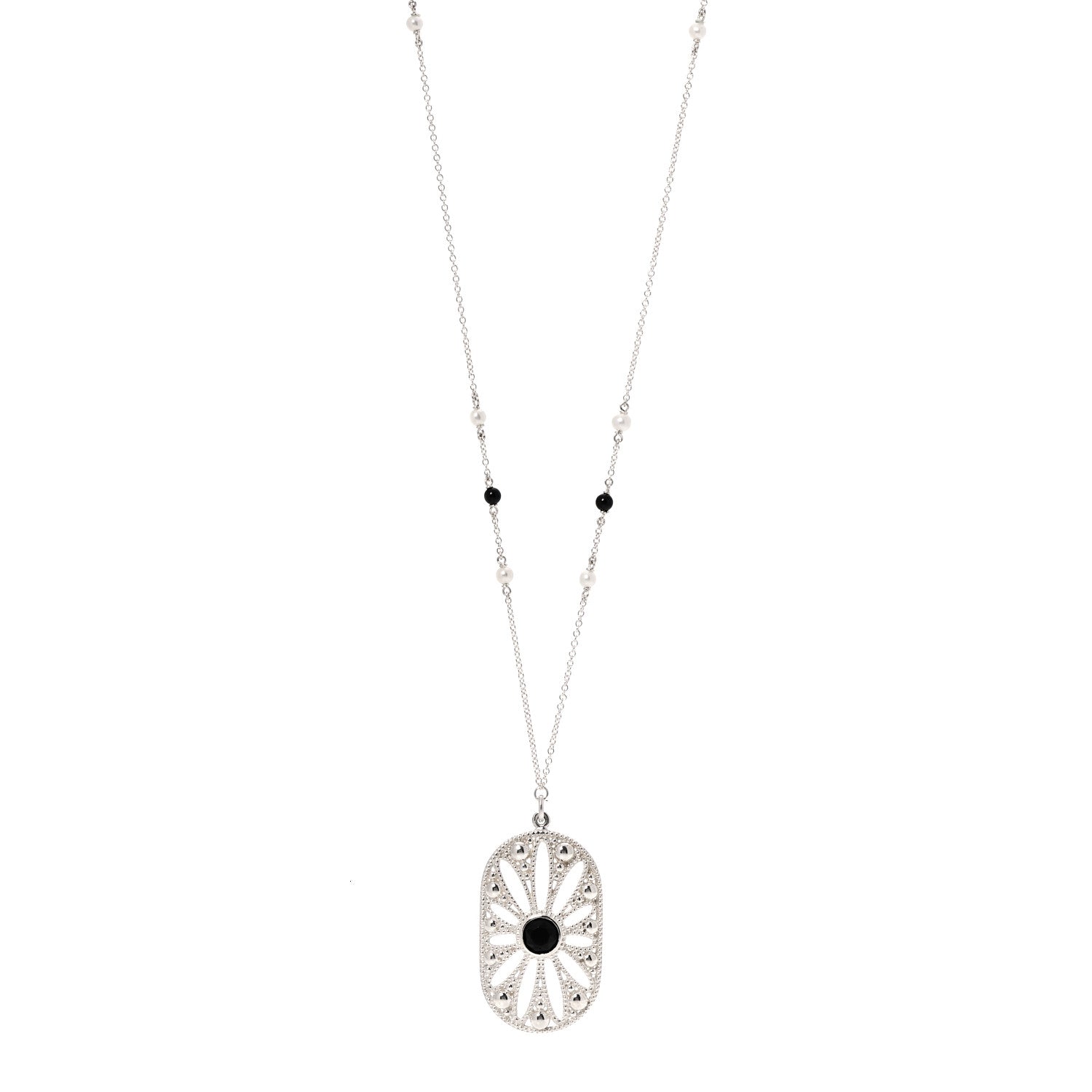 Tiffany Sterling Silver Black Onyx Pearl Ziegfeld Daisy Pendant Necklace 1 of 6