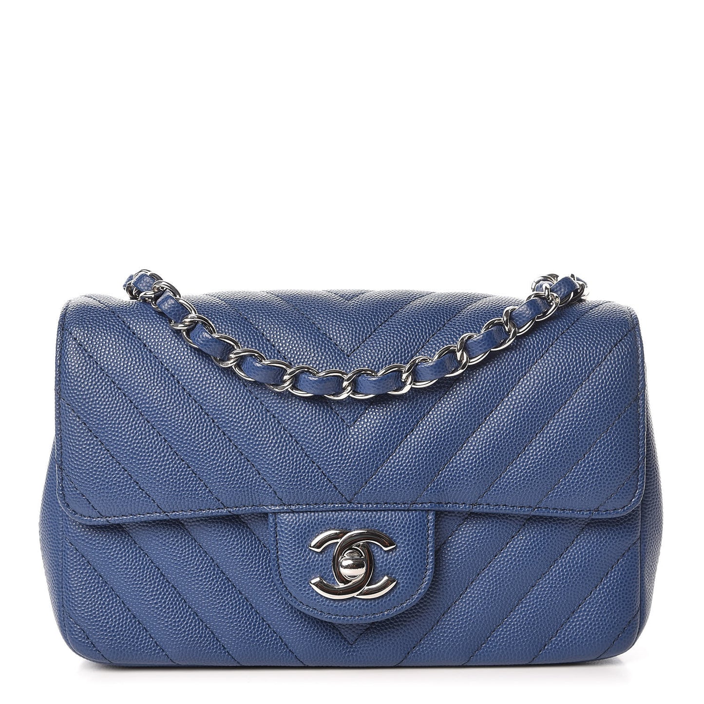 Caviar Chevron Quilted Mini Rectangular Flap Blue