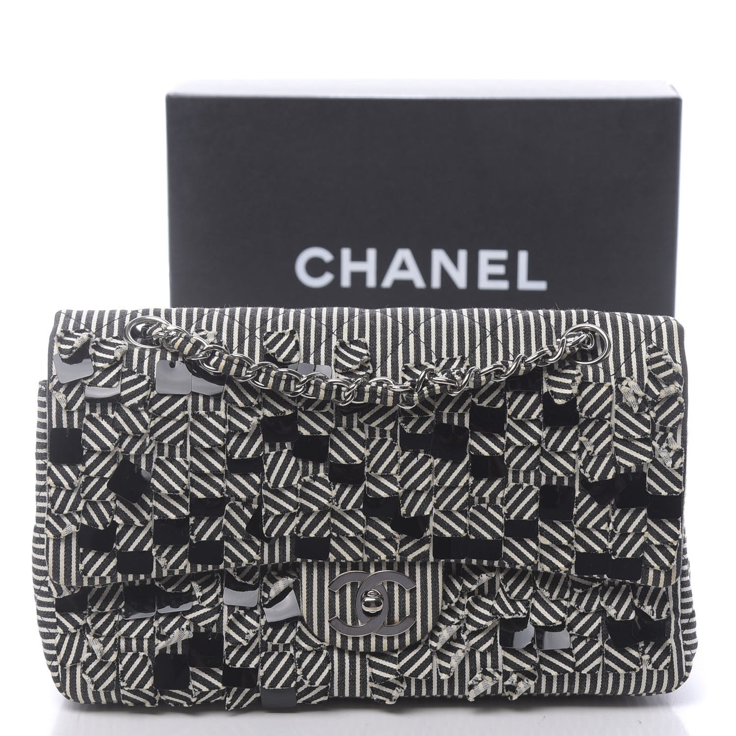 Canvas Sequin Stripe Medium Double Flap Black White