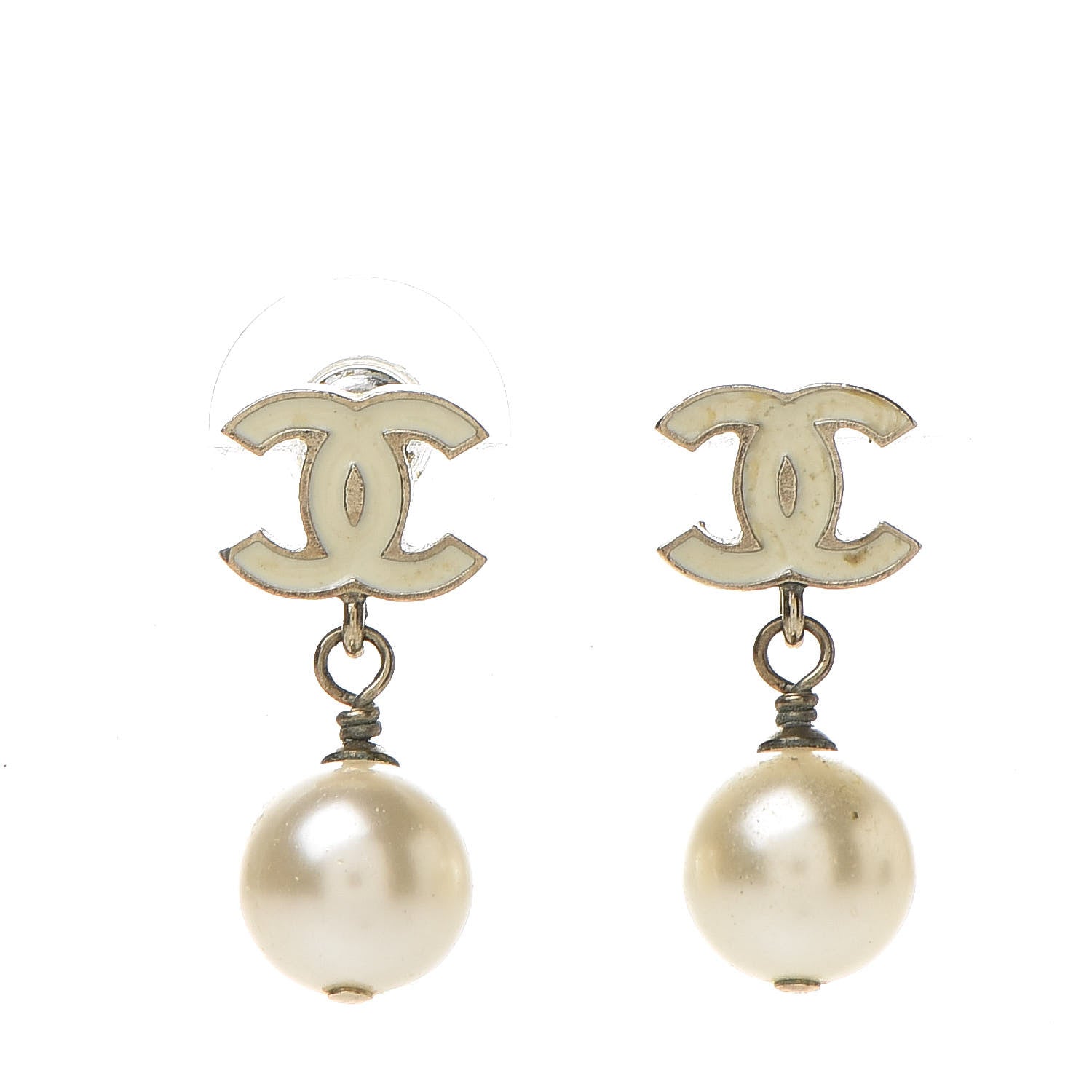 Chanel Pearl Enamel CC Drop Earrings White Gold 1 of 4