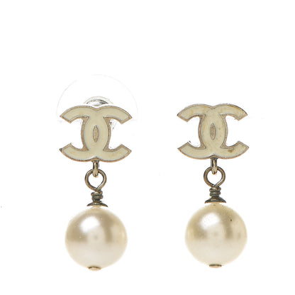 Chanel Pearl Enamel CC Drop Earrings White Gold 1 of 4