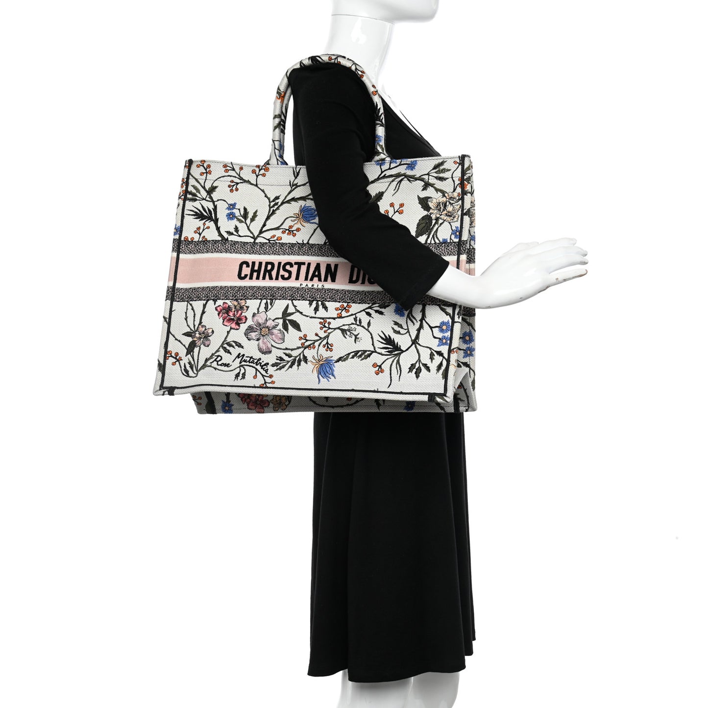 Canvas Embroidered Large Rosa Mutabilis Book Tote White Multicolor