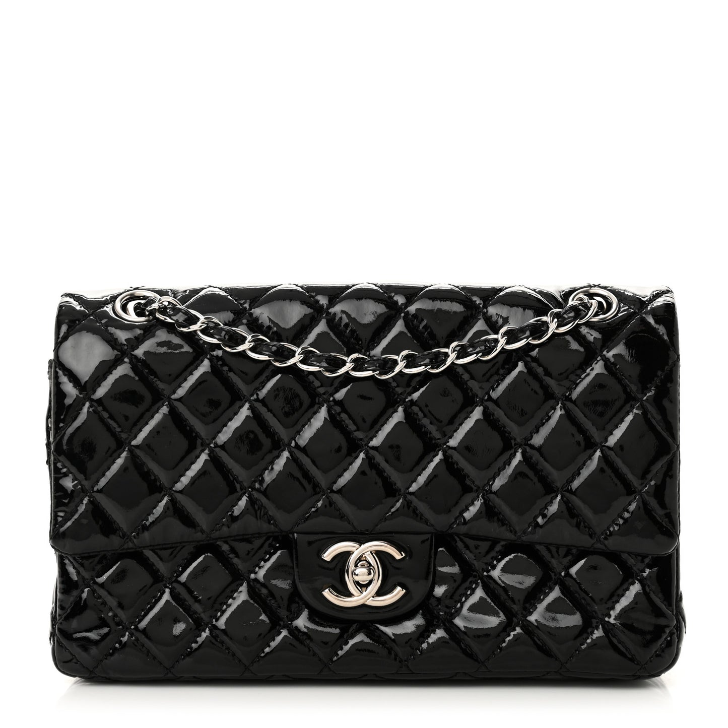Patent Calfskin Quilted Medium Double Flap Black