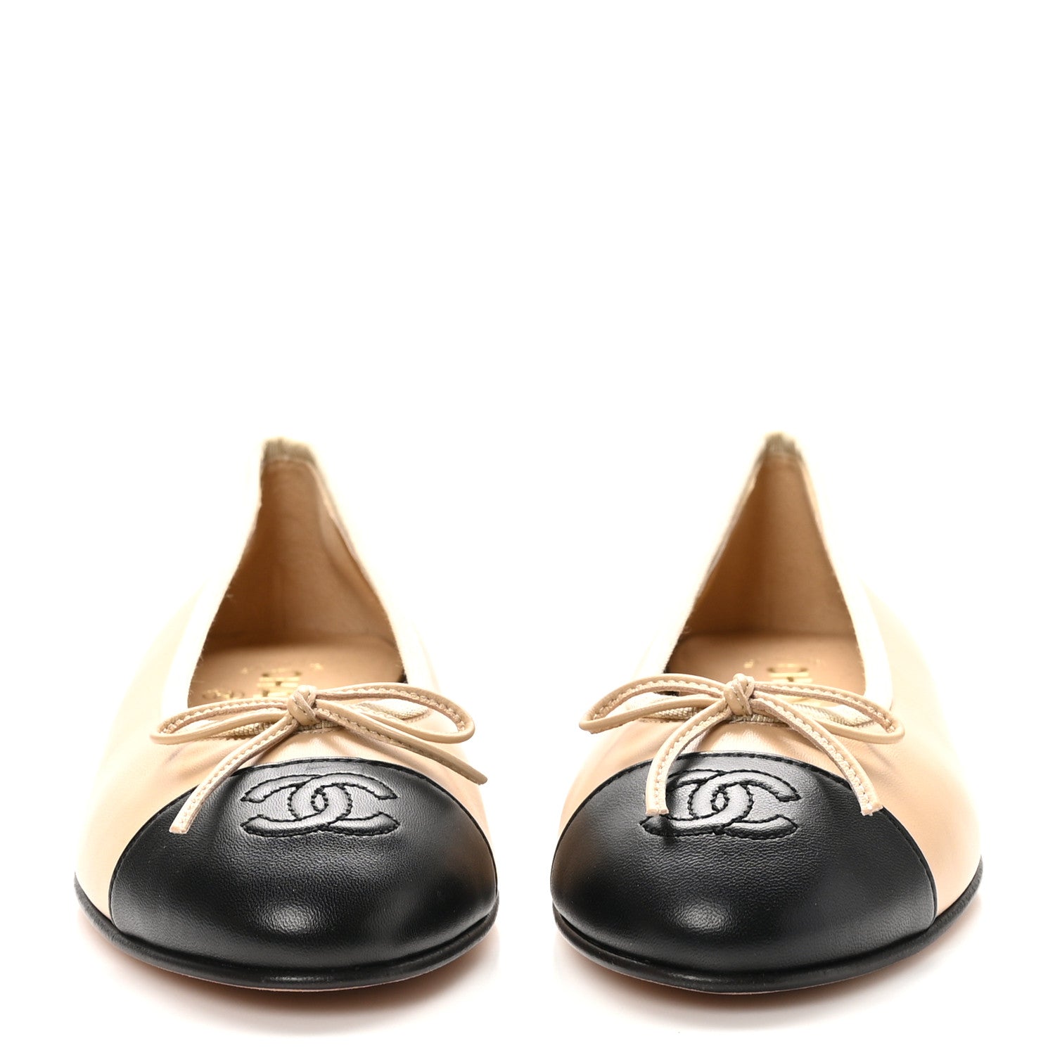 Chanel Lambskin Cap Toe CC Ballerina Flats 37.5 Beige Black 3 of 10