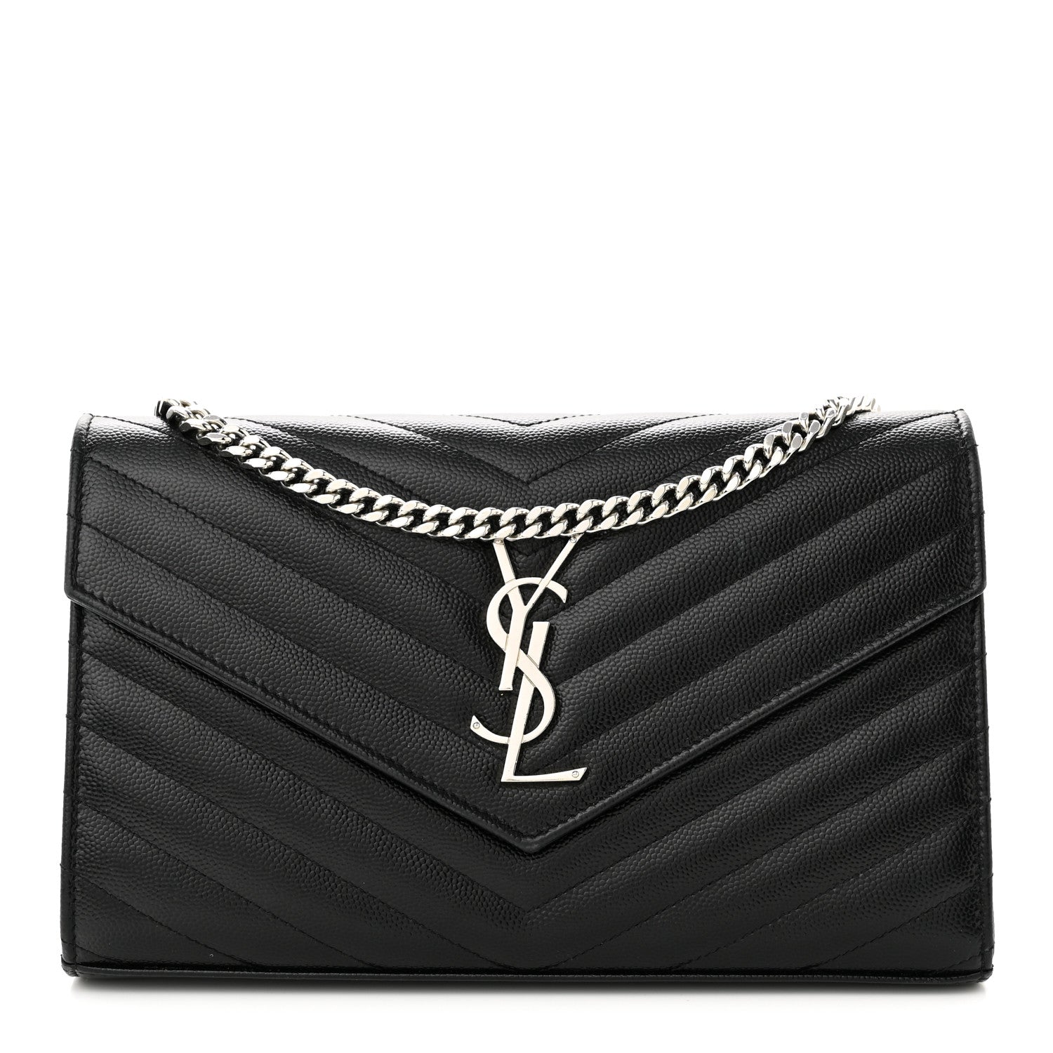 Saint Laurent Grain De Poudre Matelasse Chevron Monogram Chain Wallet Black 1 of 10