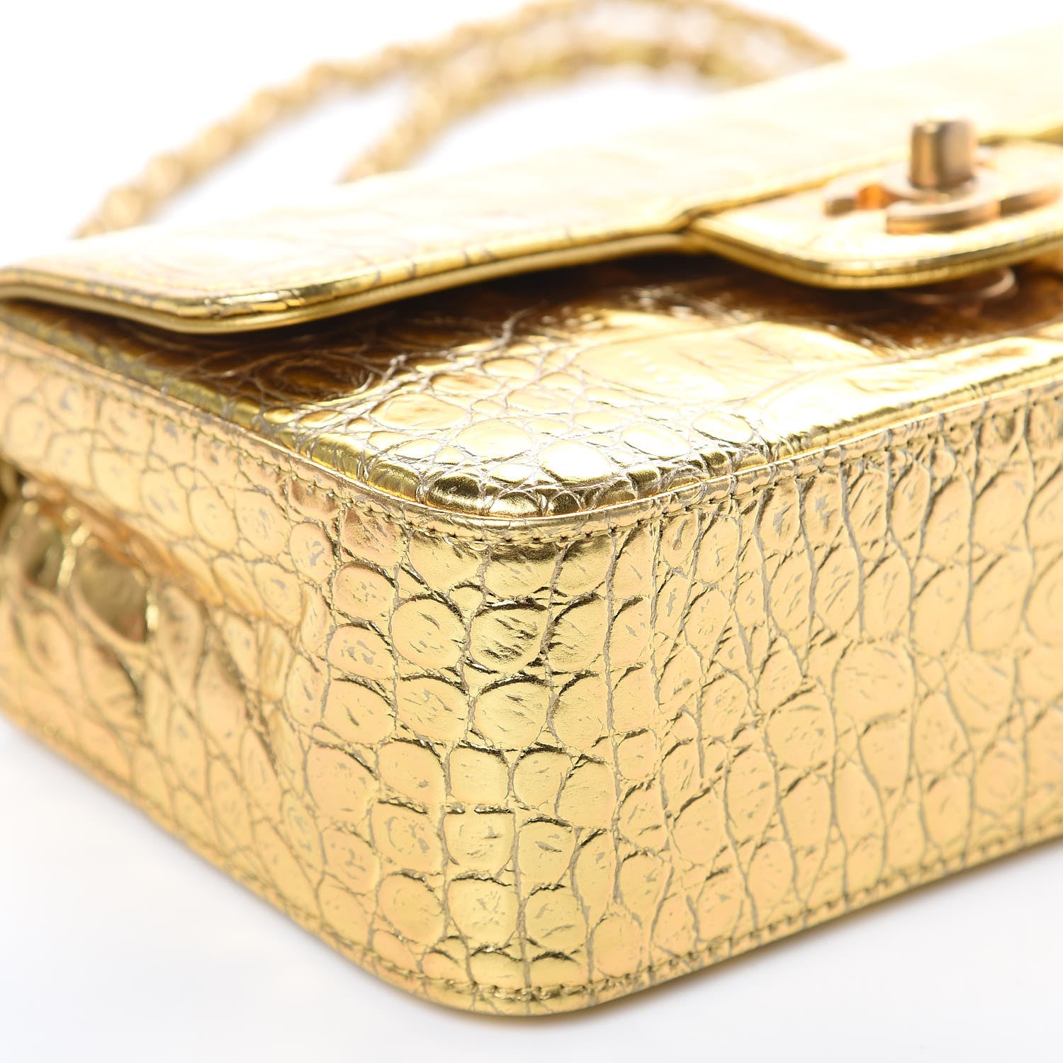 Chanel Metallic Calfskin Crocodile Embossed Cocodile Rectangular Mini Flap Gold 8 of 11