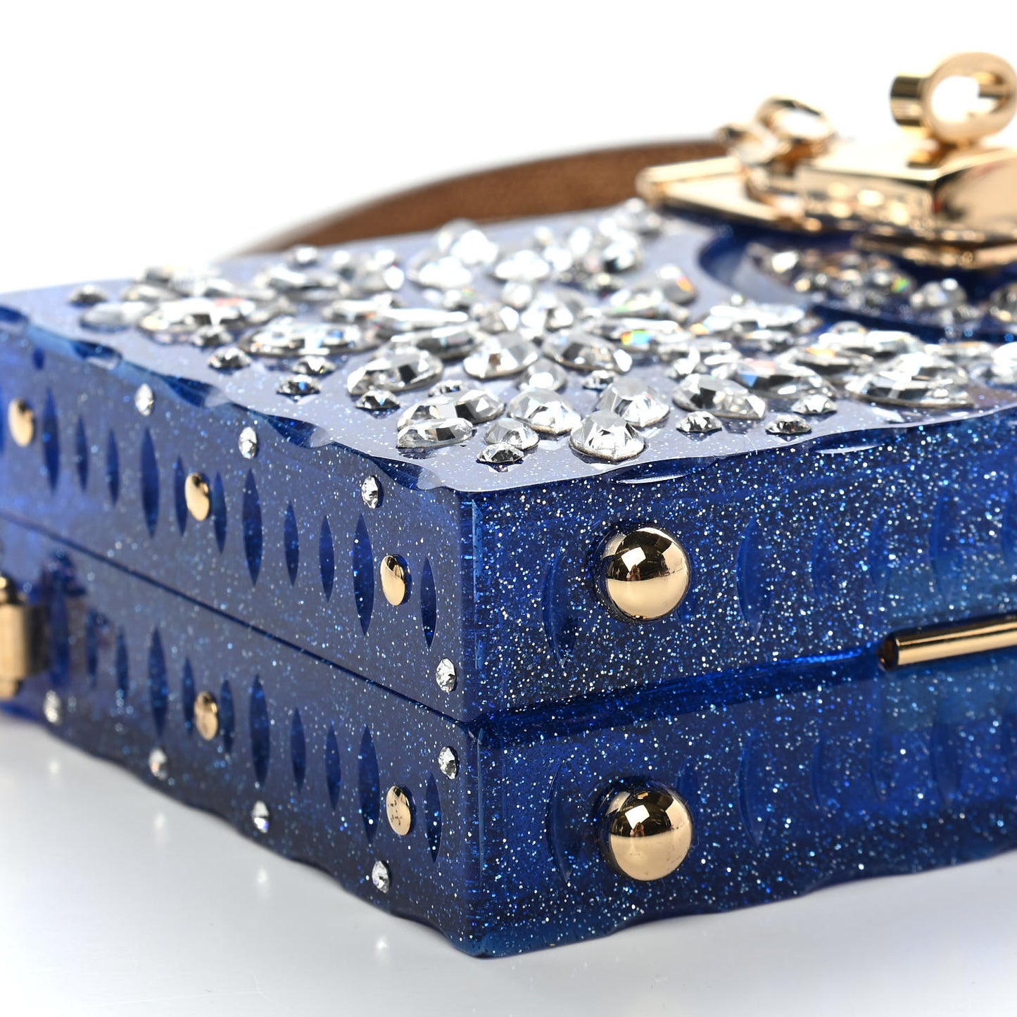 Crystal Embellished Plexiglass Dolce Box Clutch Blue