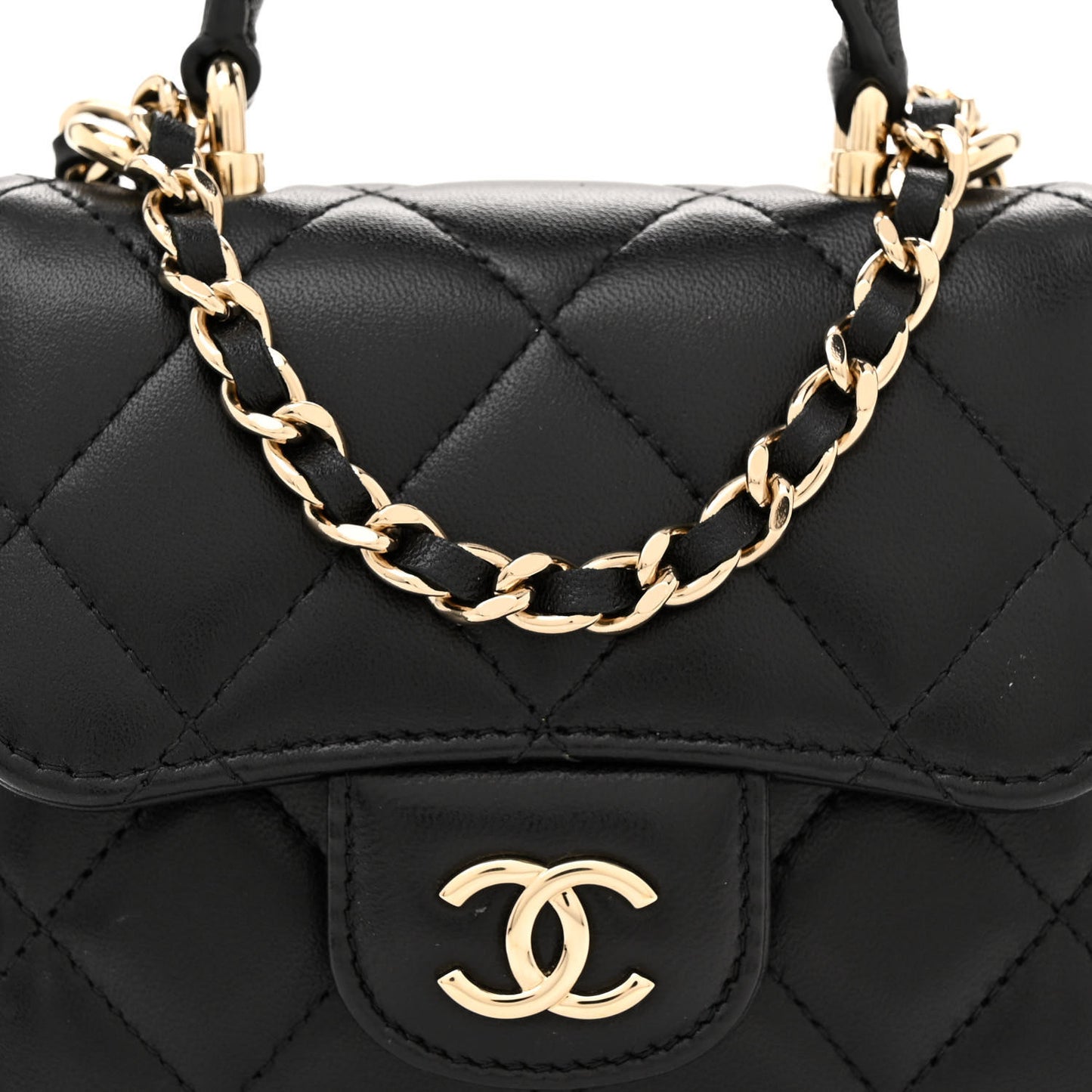Lambskin Quilted Top Handle Flap Clutch With Chain Black