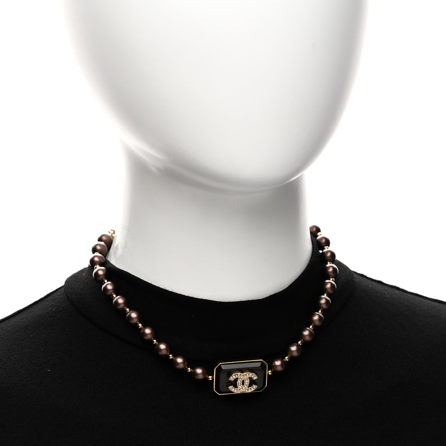 Pearl Crystal CC Choker Necklace Brown Gold