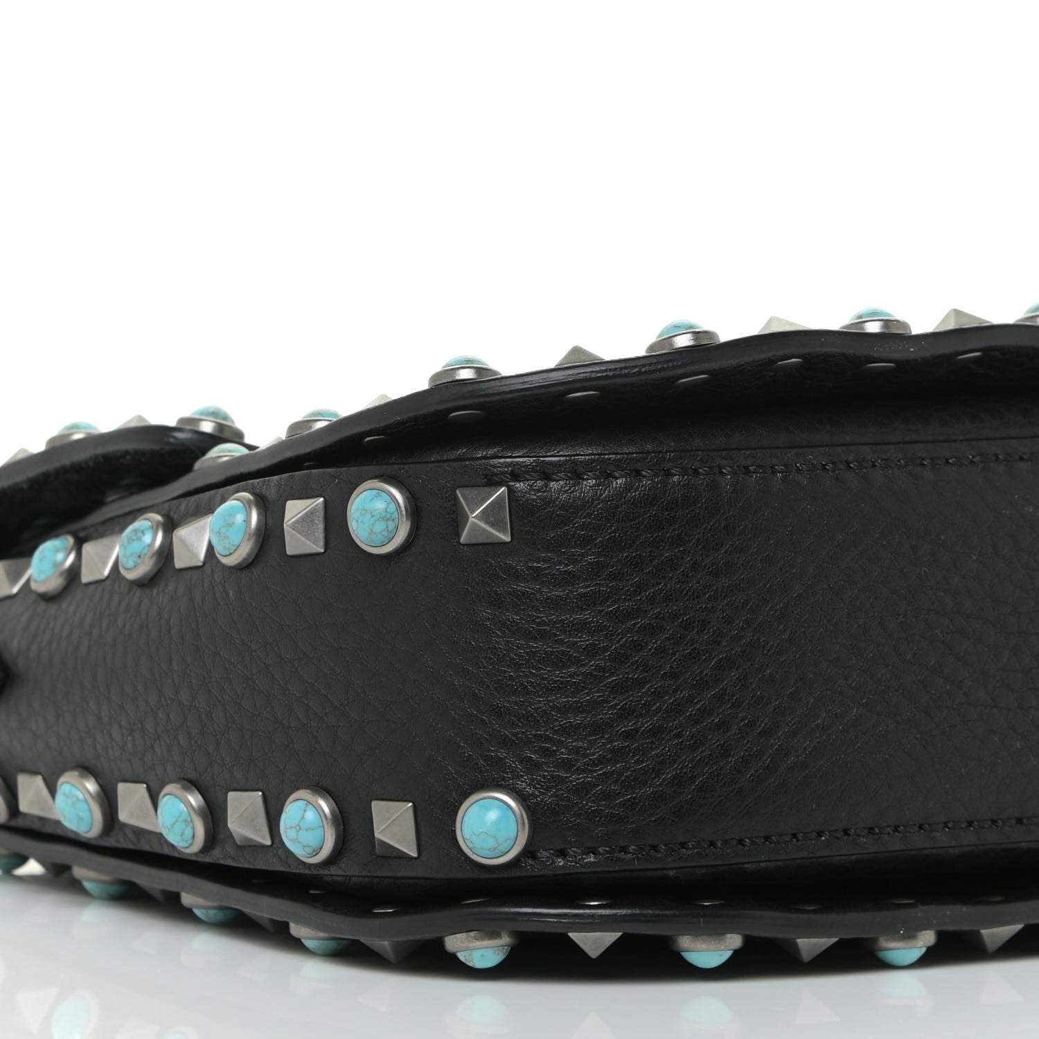 Valentino Garavani Pebbled Calfskin Turquoise Medium Guitar Strap Rockstud Rolling Flap Saddle Bag Black 8 of 11