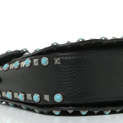 Valentino Garavani Pebbled Calfskin Turquoise Medium Guitar Strap Rockstud Rolling Flap Saddle Bag Black 8 of 11