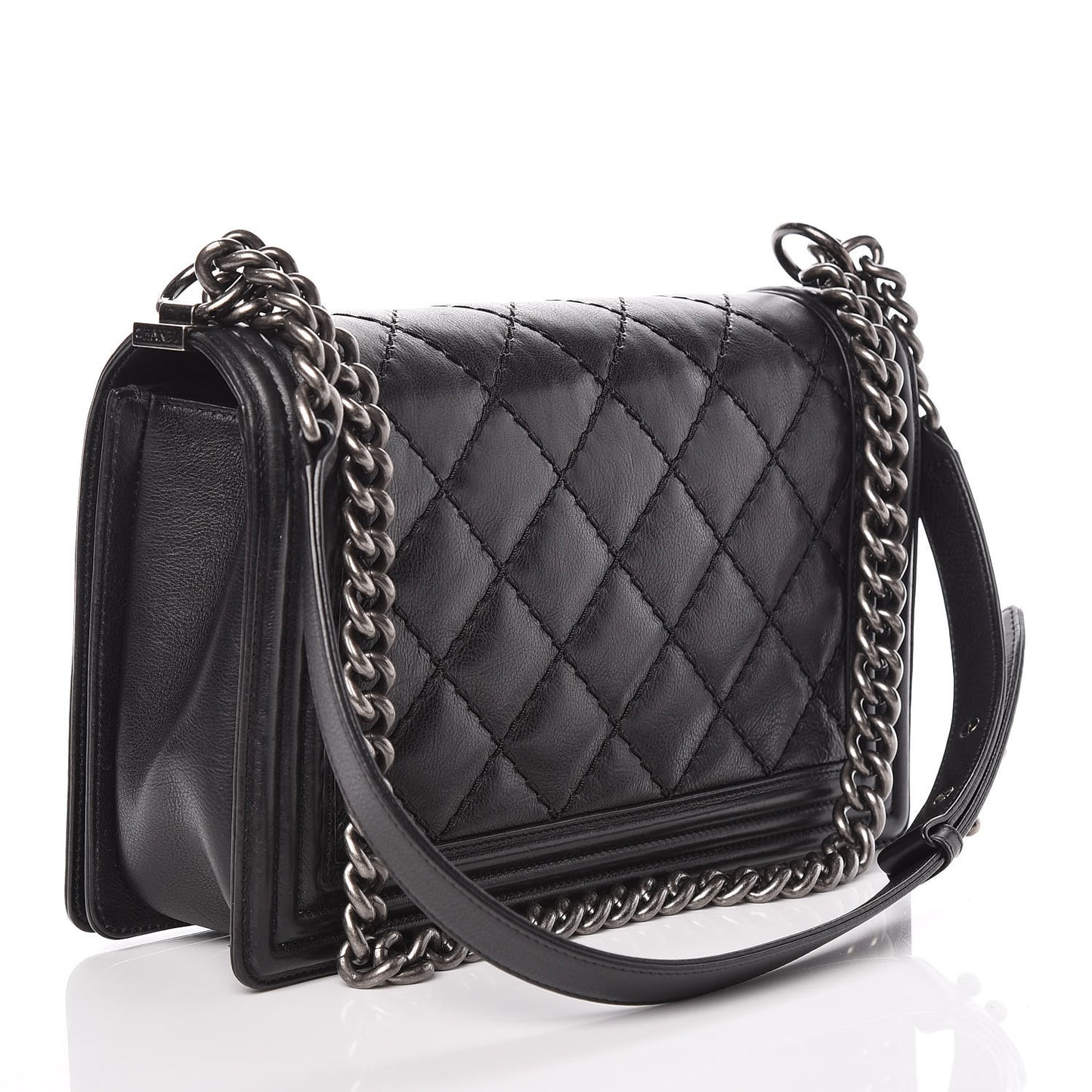 Calfskin Quilted Double Stitch New Medium Boy Flap Black