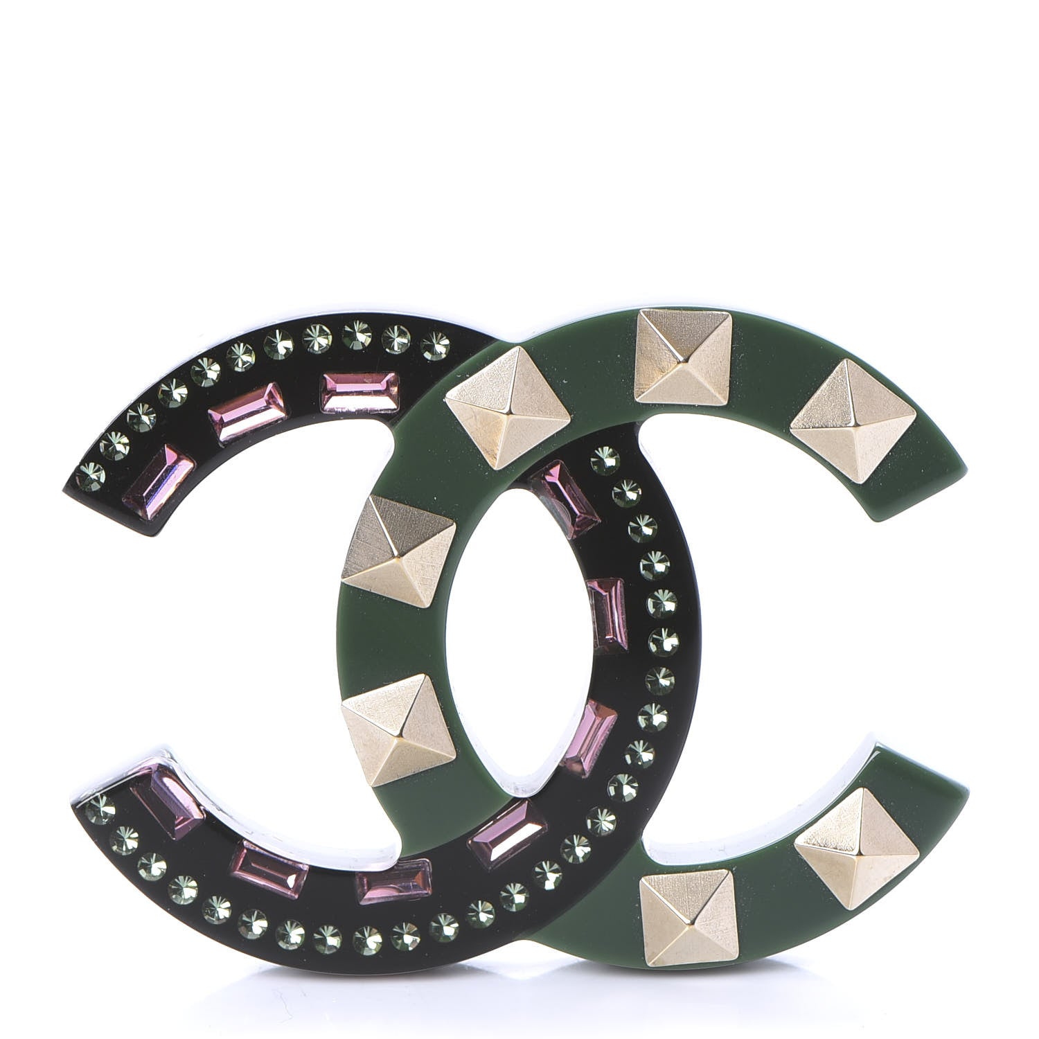 Chanel Resin Crystal Studded CC Brooch Green Multicolor 1 of 4
