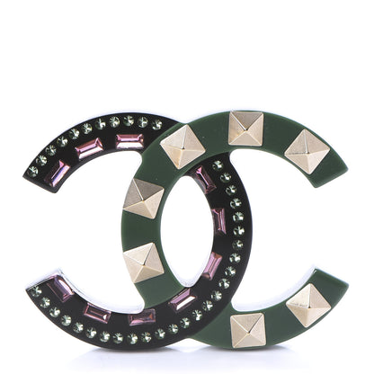 Chanel Resin Crystal Studded CC Brooch Green Multicolor 1 of 4