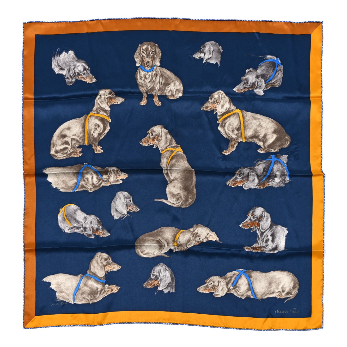 Silk Les Bassets Scarf 70 Marine Sepia