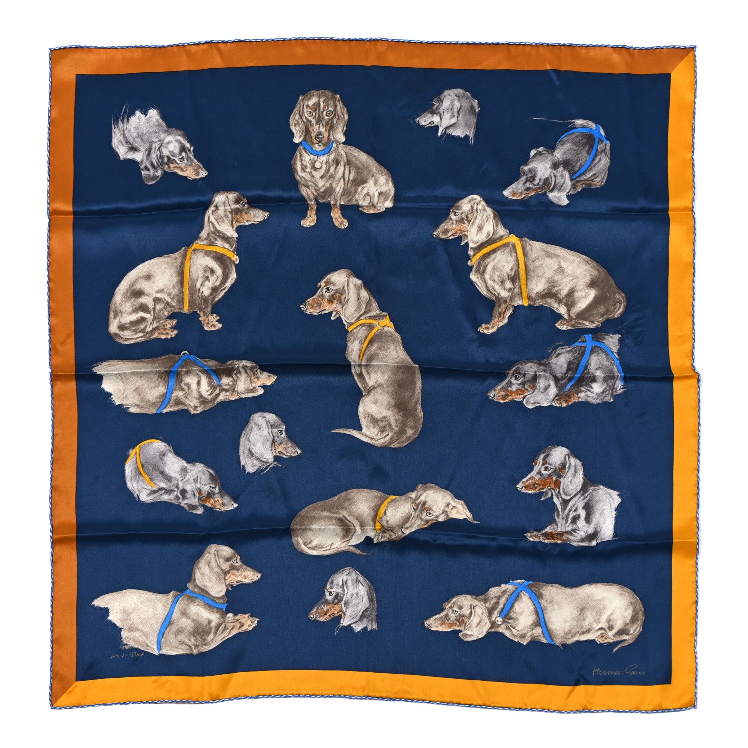 Hermes Silk Les Bassets Scarf 70 Marine Sepia 1 of 4