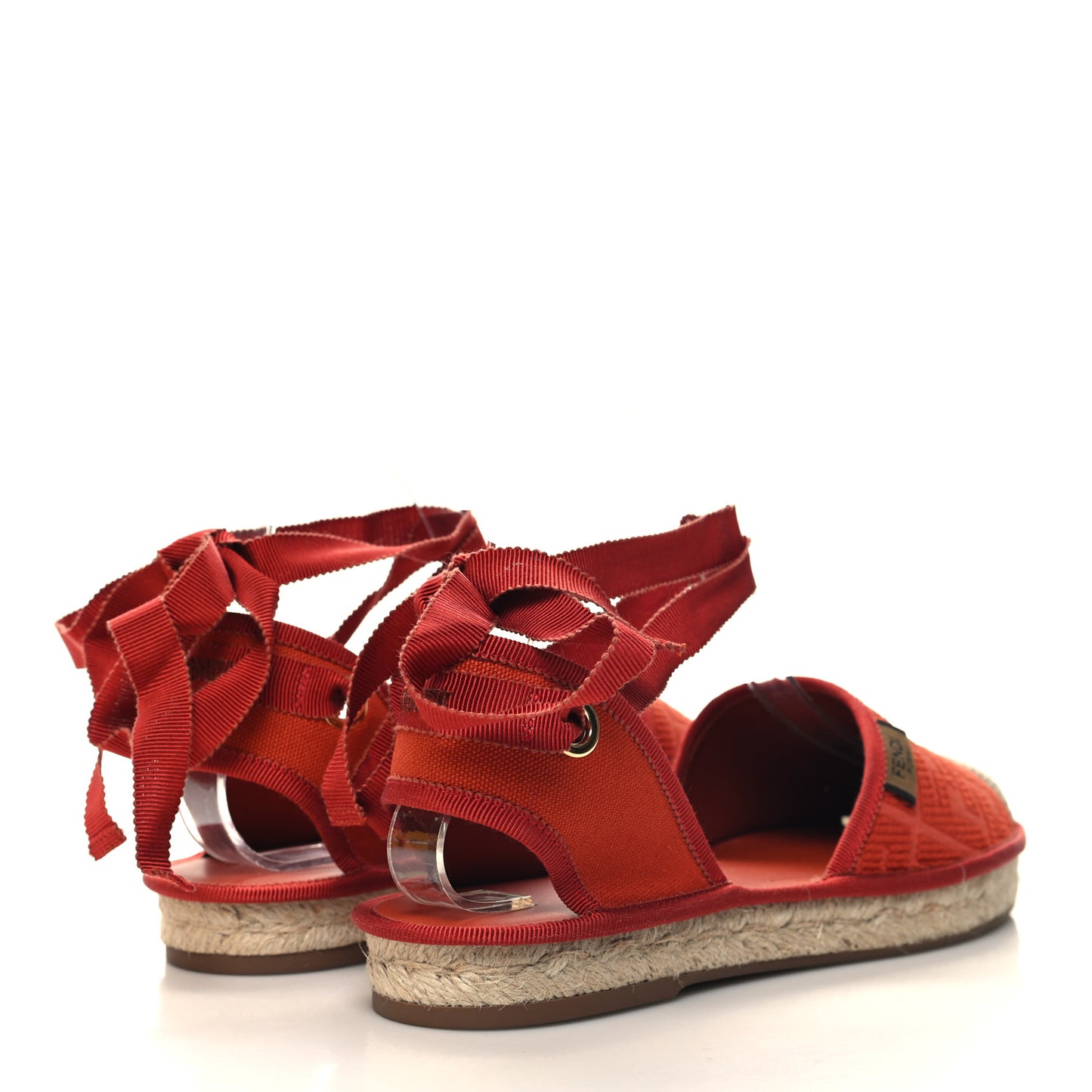 Canvas FF Embroidered Roma Ankle Wrap Flat Espadrilles 38.5 Red