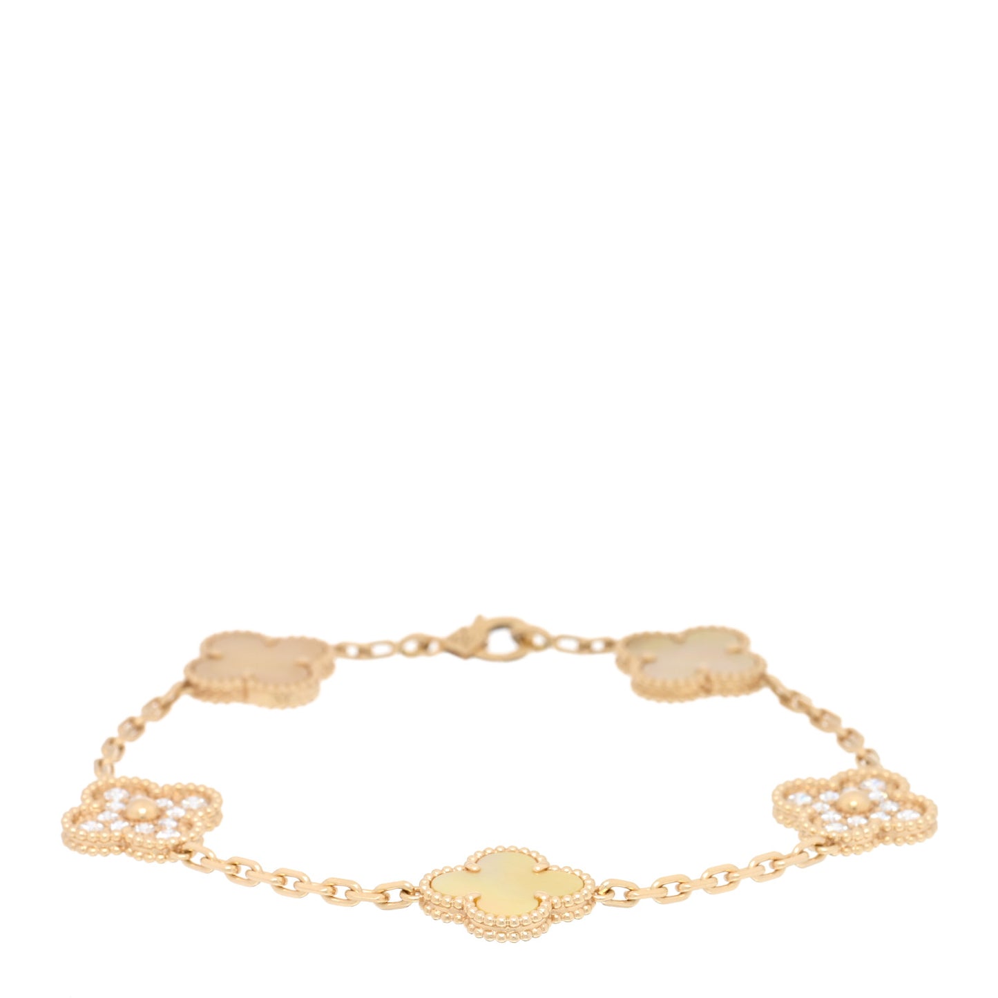 18K Yellow Gold Diamond Yellow Mother of Pearl 5 Motifs Vintage Alhambra Bracelet