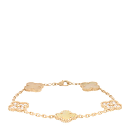Van Cleef & Arpels 18K Yellow Gold Diamond Yellow Mother of Pearl 5 Motifs Vintage Alhambra Bracelet 1 of 3