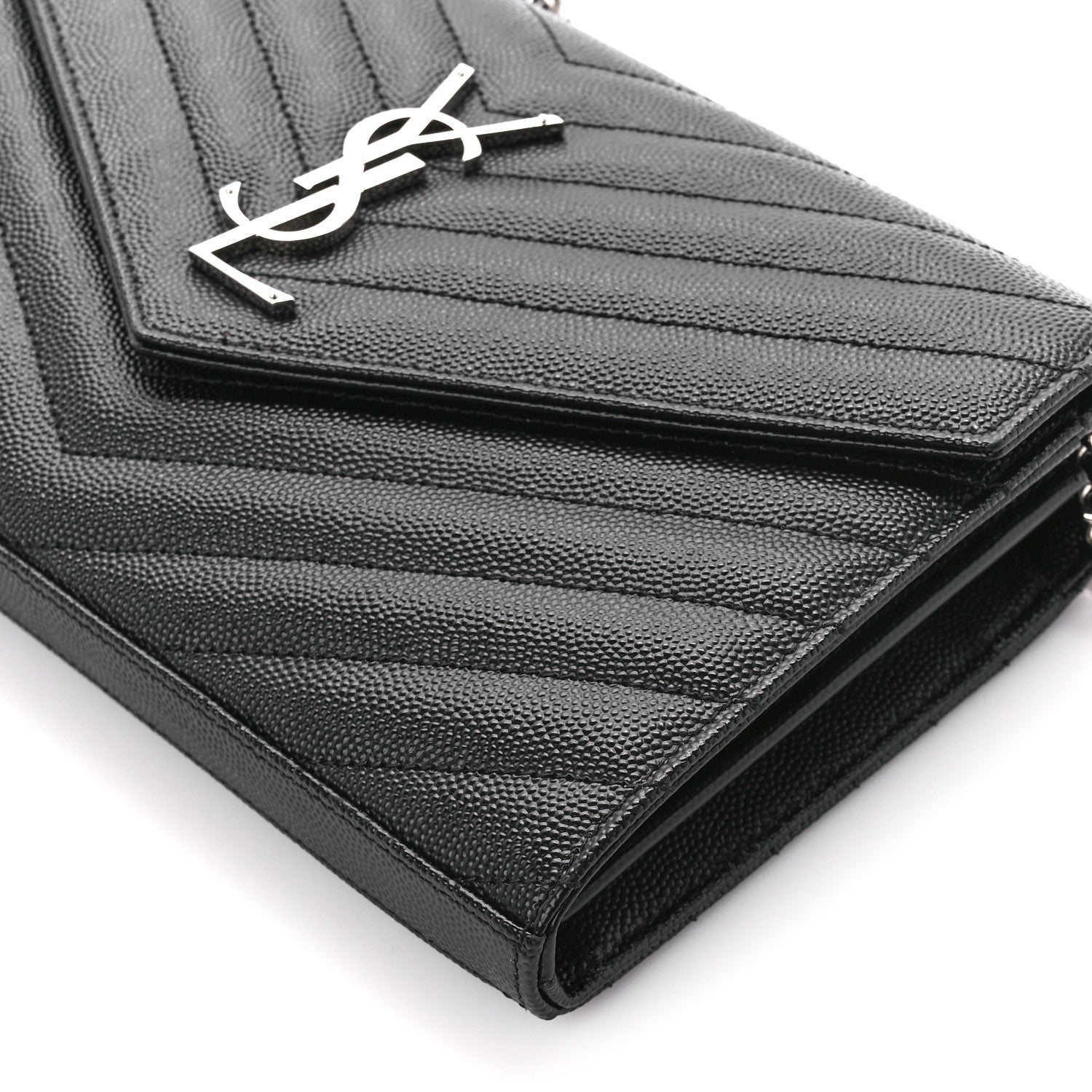 Saint Laurent Grain De Poudre Matelasse Chevron Monogram Chain Wallet Black 10 of 11