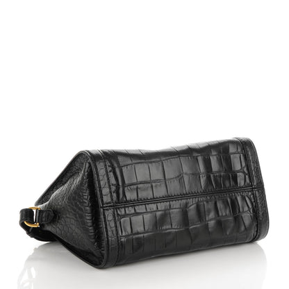 Alexander McQueen Calfskin Crocodile Embossed Small Skull Padlock Zip Around Tote Black 4 of 8