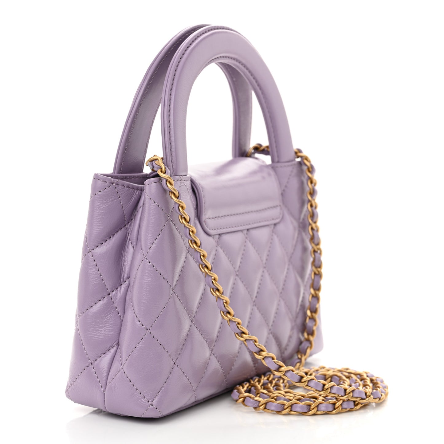 Shiny Aged Calfskin Quilted Nano Kelly Shopper Lilac