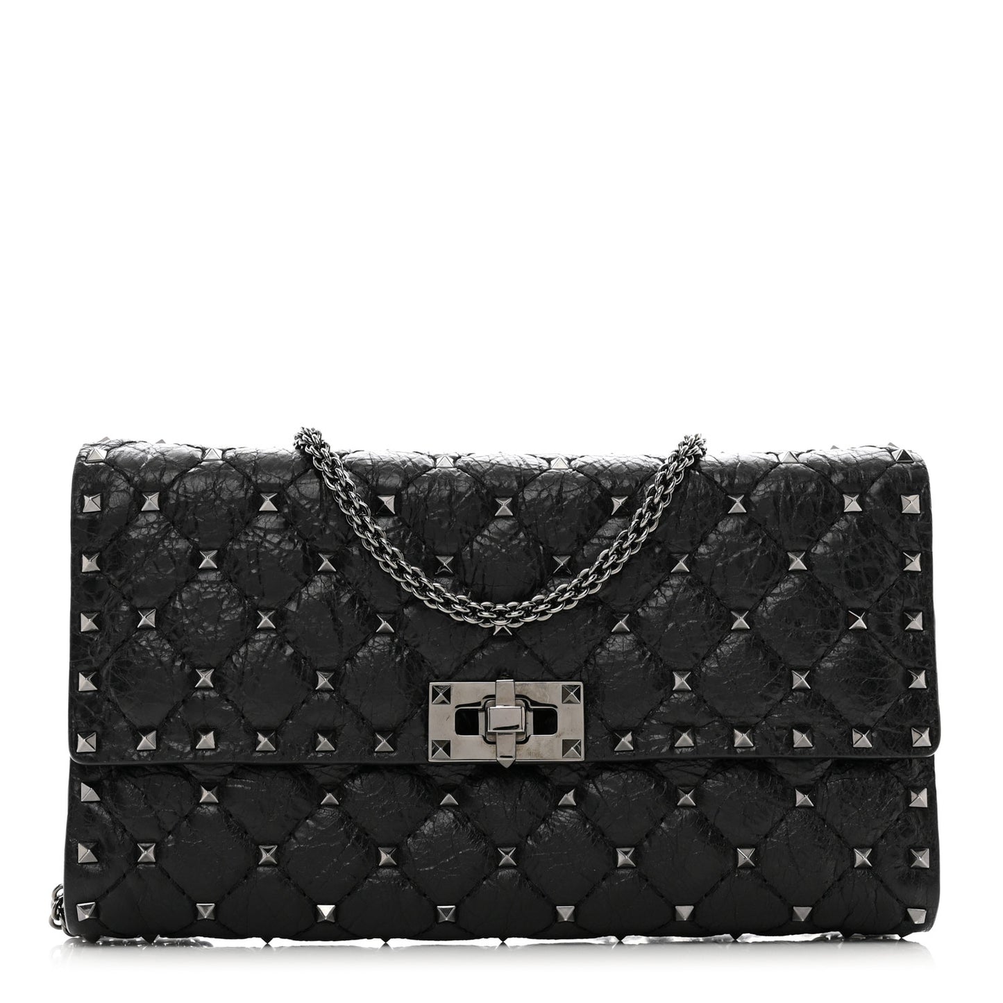 Craquele Nappa Rockstud Spike Wallet on Chain Black