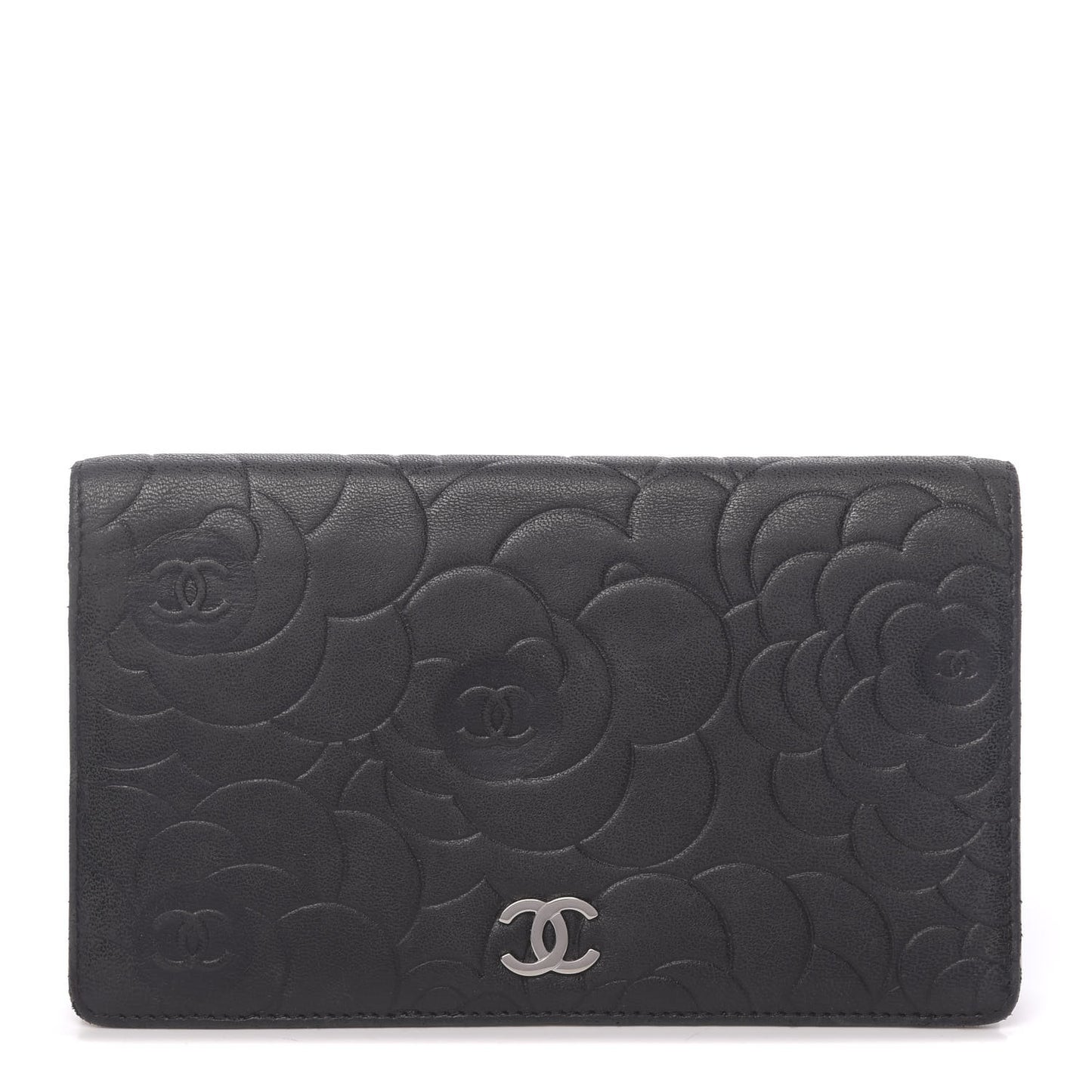 Lambskin Camellia Embossed Yen Wallet Black