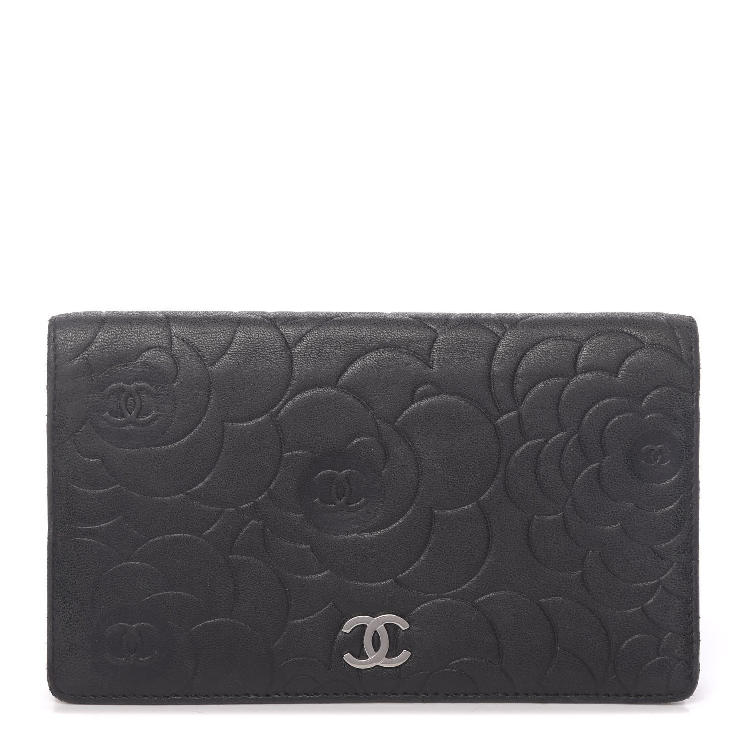 Chanel Lambskin Camellia Embossed Yen Wallet Black 1 of 13