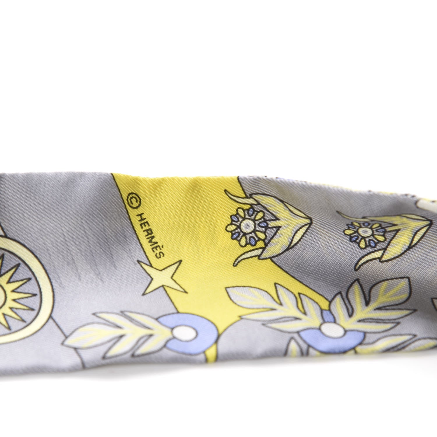 Hermes Silk La Source de Pegase Twilly Jaune Vif Gris Perle 3 of 4