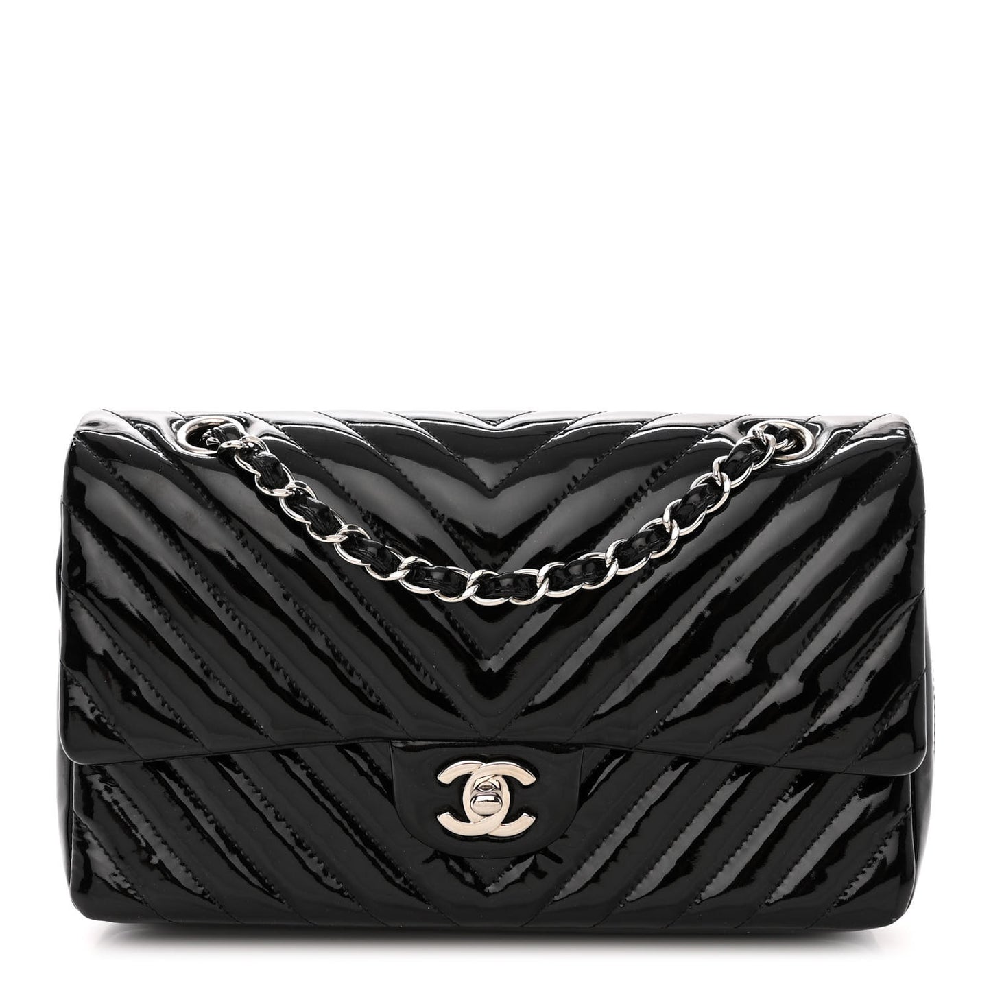 Patent Calfskin Chevron Quilted Small Double Flap Black