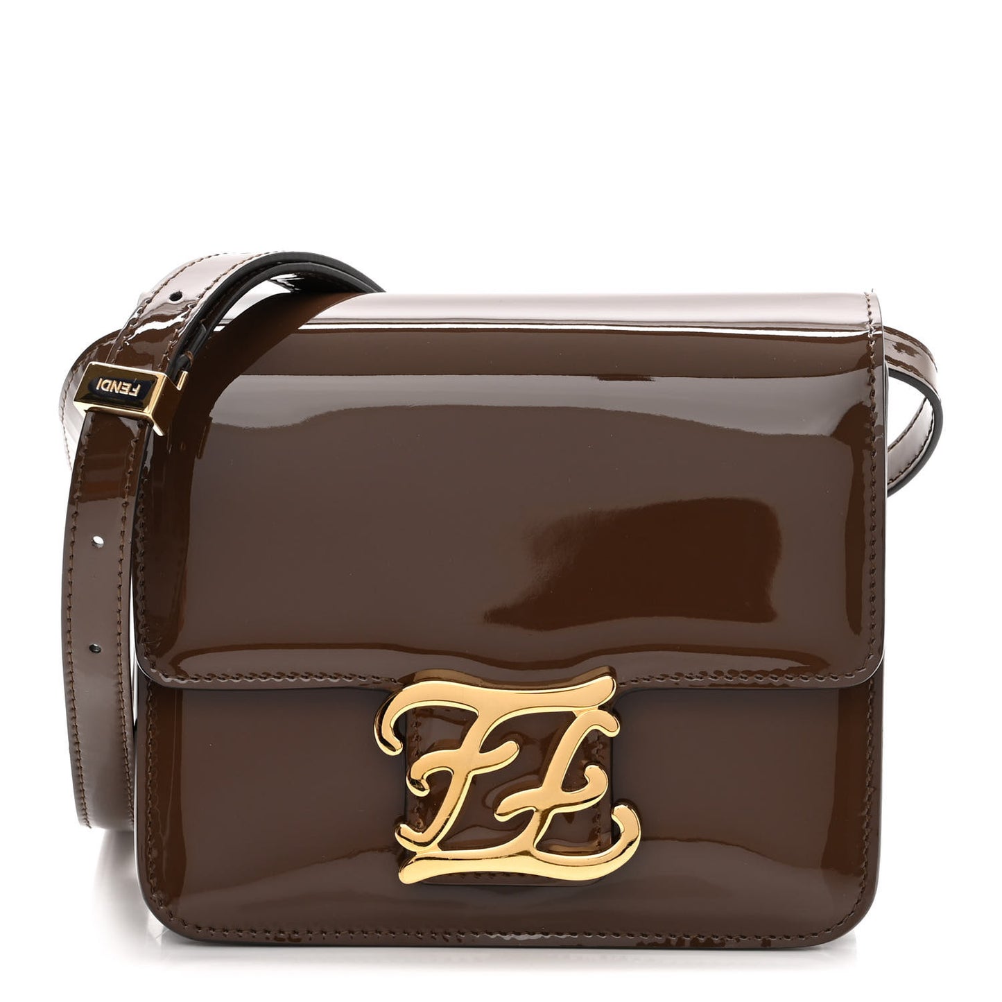 Vitello Vernice Mou Karligraphy Crossbody Bag Ebano