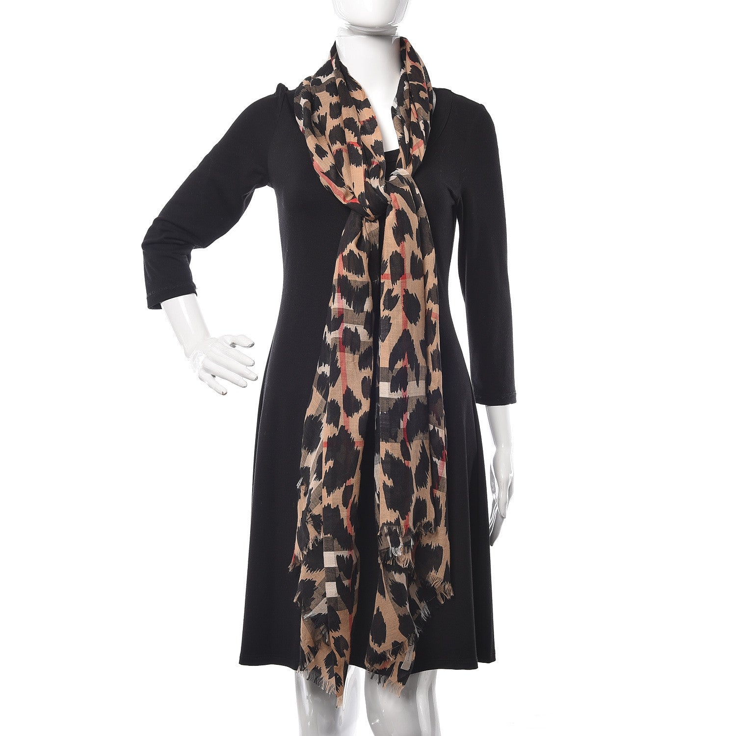 Burberry Wool Silk Animal Check Lightweight Scarf Camel 2 of 5
