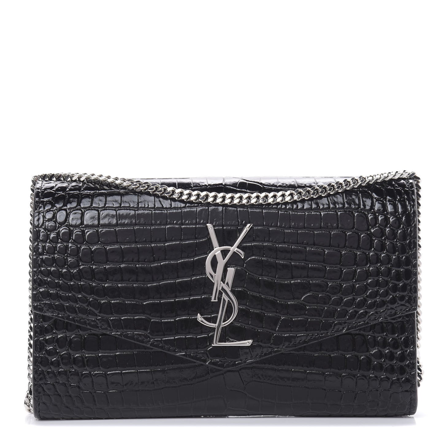 Calfskin Crocodile Embossed Monogram Uptown Chain Wallet Black