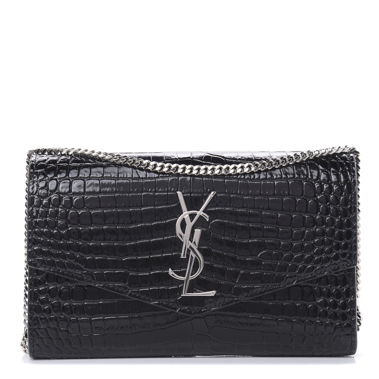 Saint Laurent Calfskin Crocodile Embossed Monogram Uptown Chain Wallet Black 3 of 12