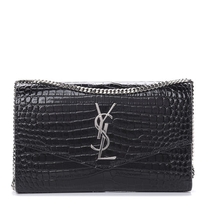 Saint Laurent Calfskin Crocodile Embossed Monogram Uptown Chain Wallet Black 3 of 12