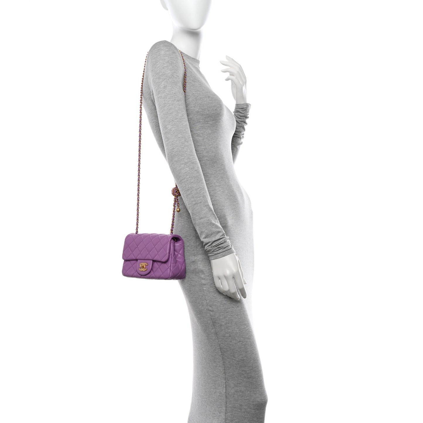 Lambskin Quilted Mini Pearl Crush Flap Purple
