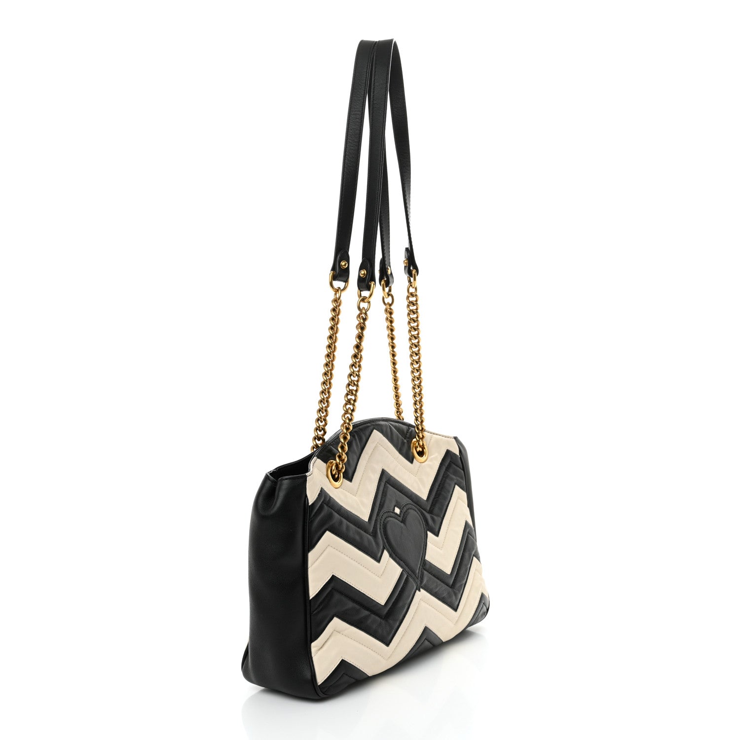 Gucci Calfskin Matelasse Medium GG Marmont Open Top Shoulder Bag Black White 3 of 12