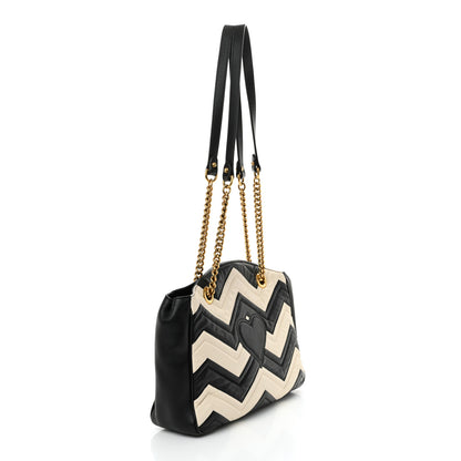 Gucci Calfskin Matelasse Medium GG Marmont Open Top Shoulder Bag Black White 3 of 12