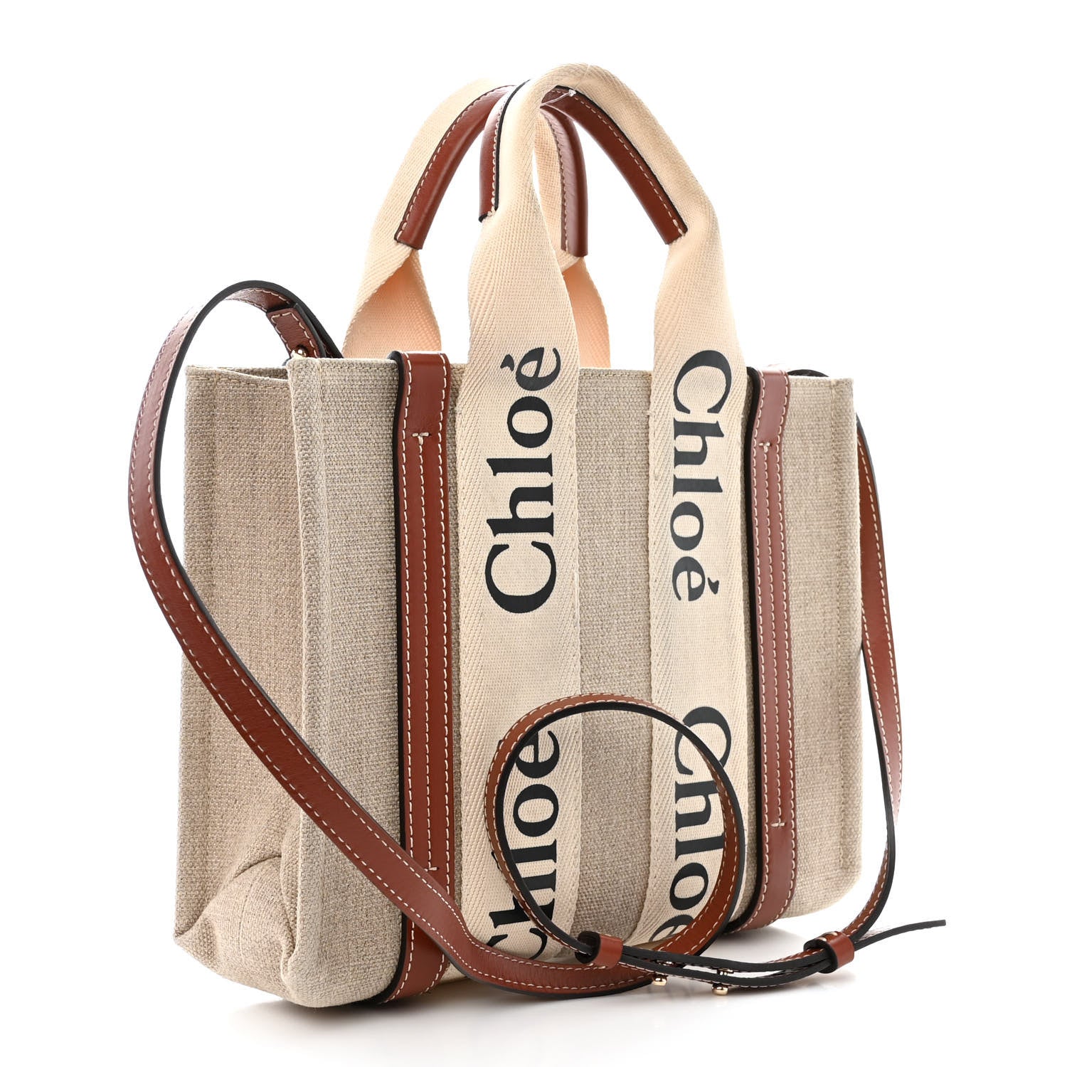 Chloe Linen Calfskin Small Woody Ribbon Tote With Strap White Brown 3 of 14