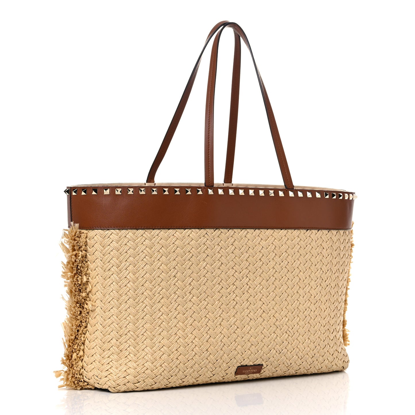 Raffia Calfskin Rockstud Shoulder Tote Naturale Saddle Brown
