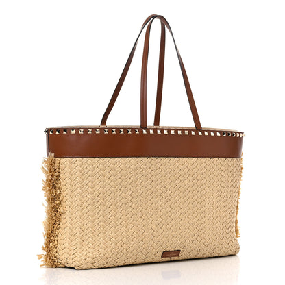 Valentino Garavani Raffia Calfskin Rockstud Shoulder Tote Naturale Saddle Brown 4 of 31