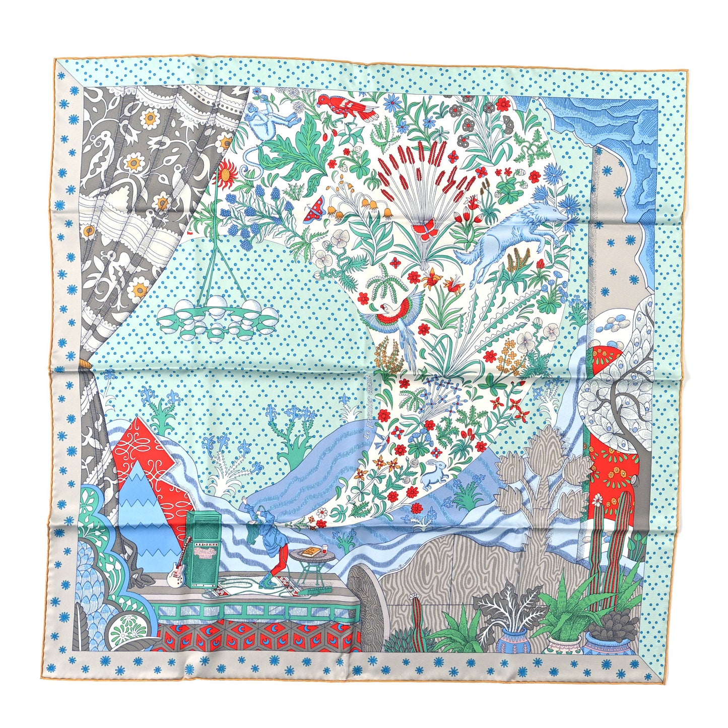 Silk Twill Le Premier Chant Scarf 90 Aqua Vert Grenadine