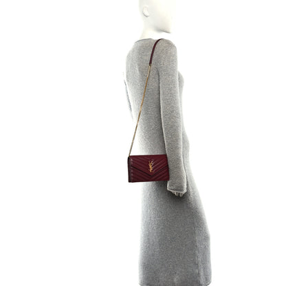 Saint Laurent Calfskin Matelasse Chevron Monogram Envelope Chain Wallet Rouge Merlot 2 of 11