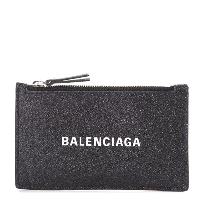 Balenciaga Glitter Sparkled Calfskin Logo Long Card Holder Black 1 of 6