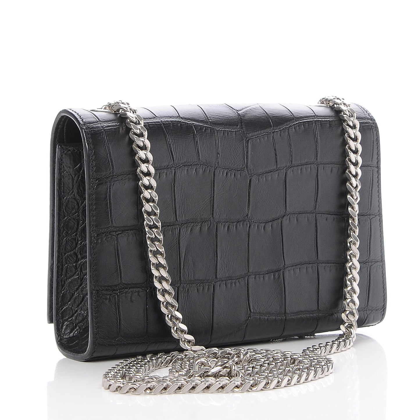 Calfskin Crocodile Embossed Monogram Small Kate Tassel Satchel Black