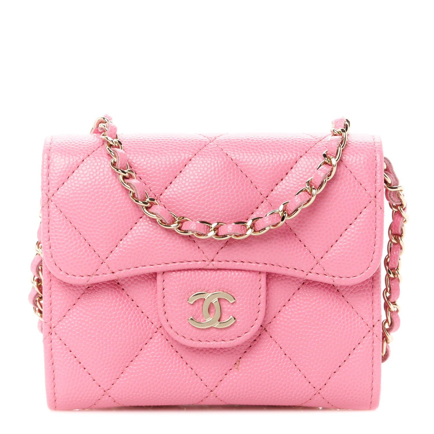 Chanel Caviar Quilted Flap Card Holder On Chain Pink 1 of 11