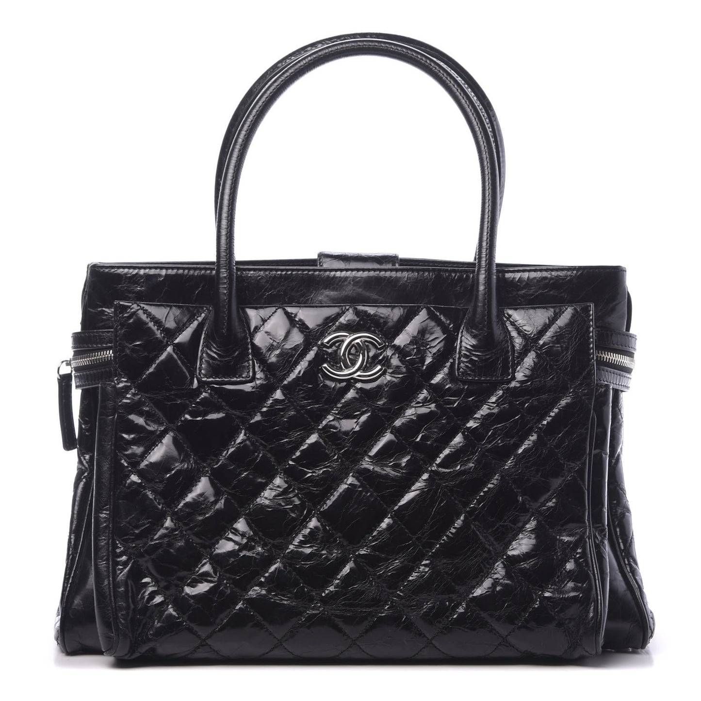Glazed Calfskin Quilted Large New Portobello Tote Black