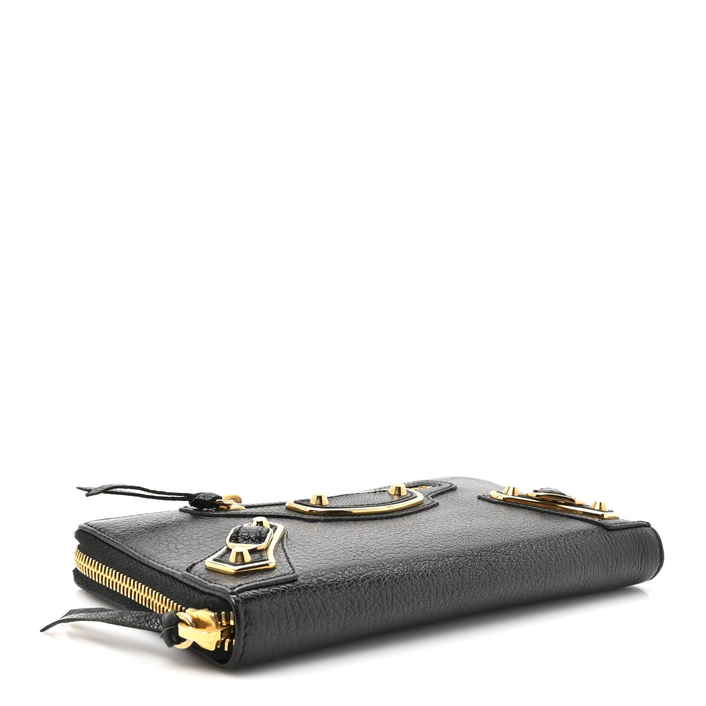 Chevre Gold Metallic Edge Hardware Continental Zip Around Wallet Black