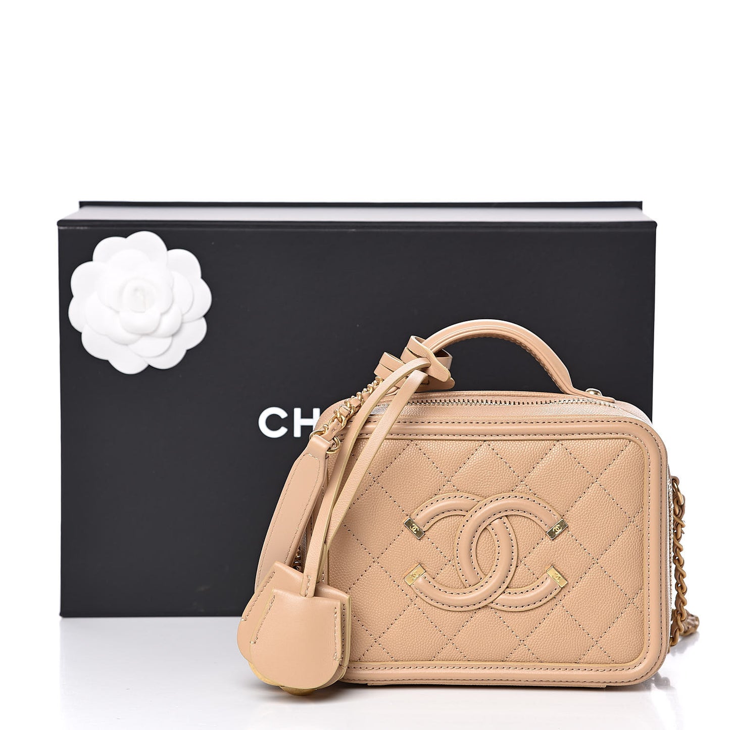 Caviar Quilted Small CC Filigree Vanity Case Beige